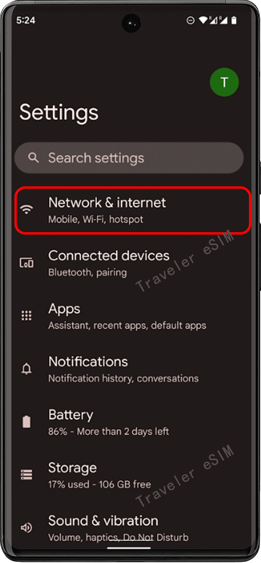 Go to Settings and tap Network and Internet